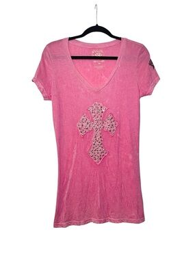 Y2K Velvet Stone Pink Studded Embellished Distressed Cross Tee Size Medium
